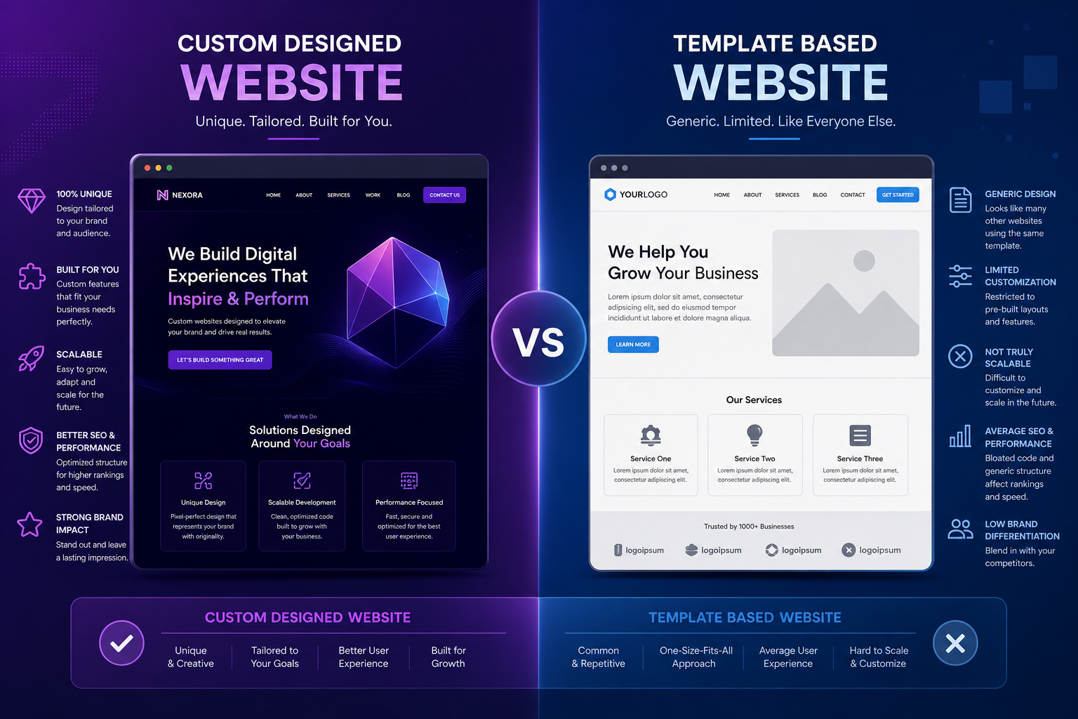 Comparison between custom website design and template-based approach